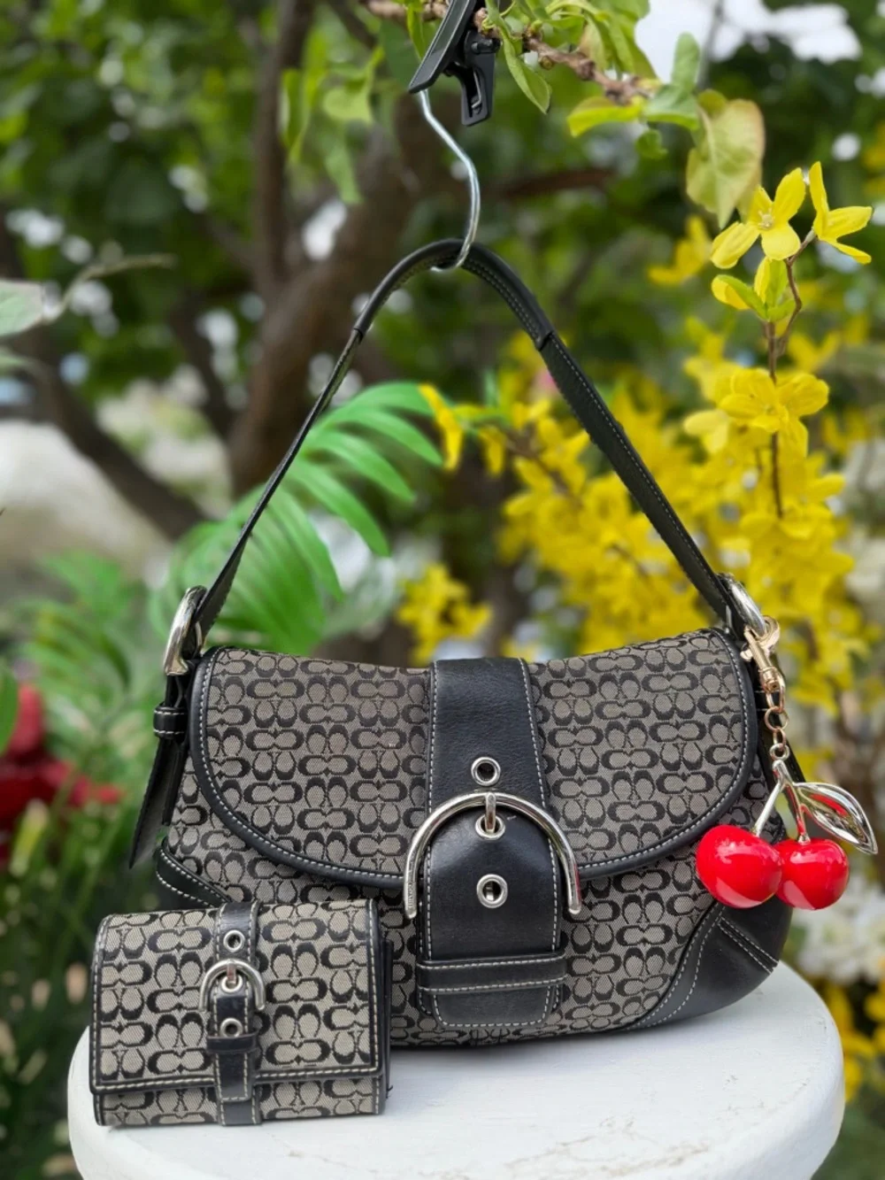 Coach Black and Brown Signature Canvas Shoulder Bag with Cherry Charm